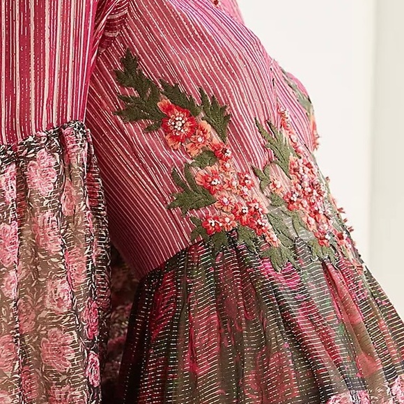 Anthropologie Mynah's Reynu Taandon Embroidered Floral Shimmer Maxi Dress - Picture 6 of 12